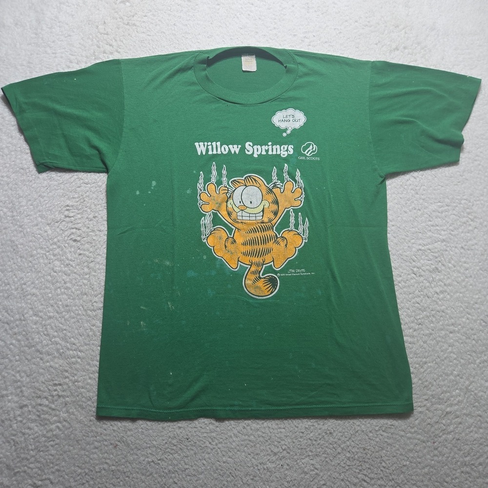 VTG Garfield 1978 Jim Davis Cartoon T Shirt Size Large Green Girl Scouts